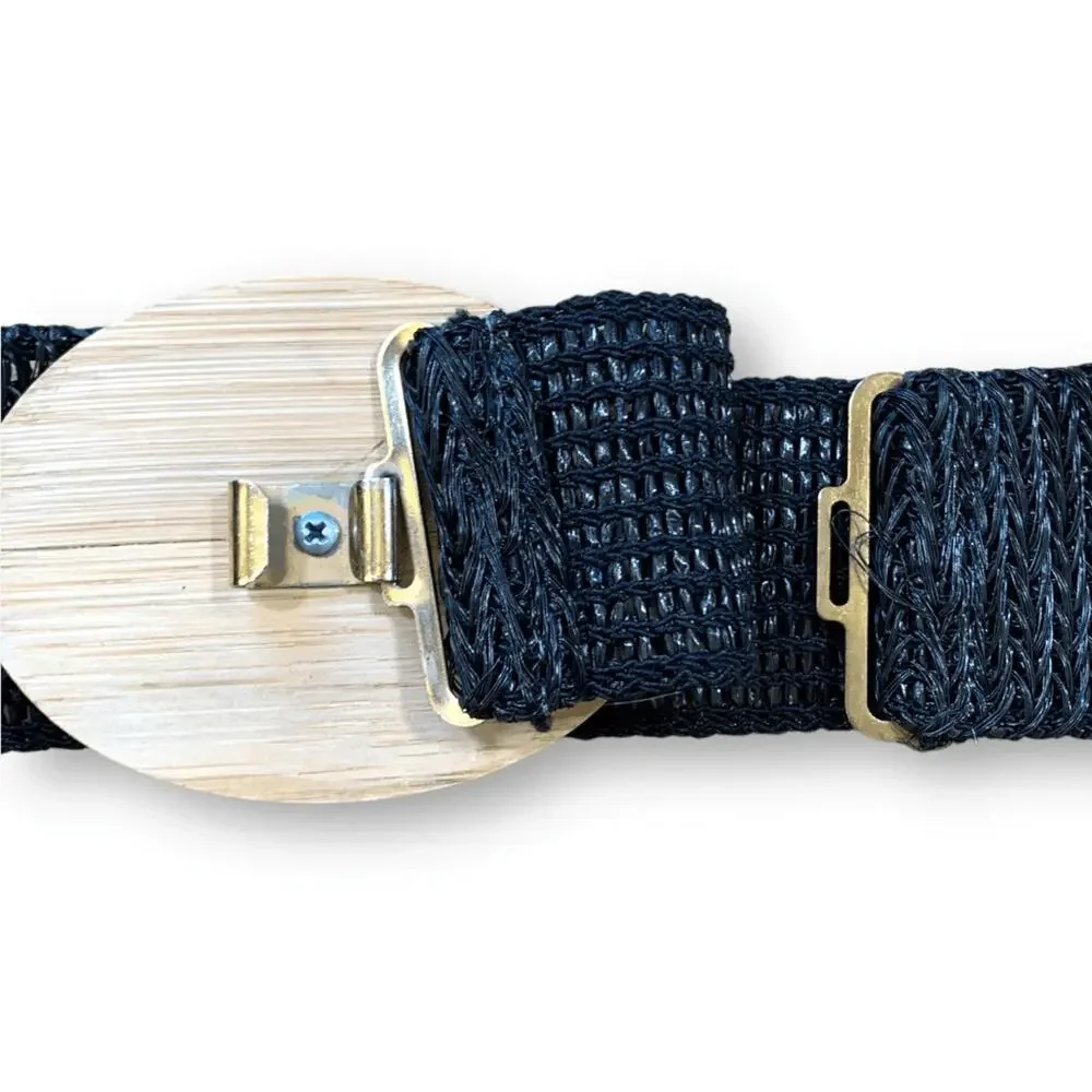 Vintage Black Woven Stretch Belt Wood Buckle Zig Zag Boho Western Festival